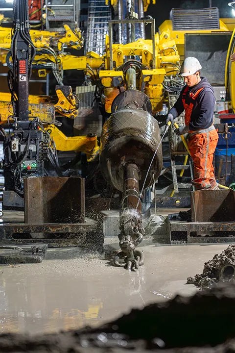Boorkop van een gestuurde boring tijdens infrastructuurwerkzaamheden.