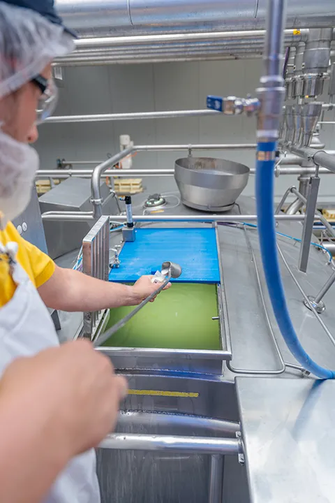 Medewerker controleert het productieproces in de voedingsindustrie tijdens een bedrijfsreportage.